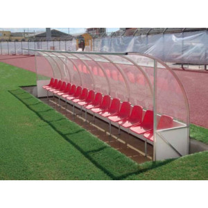 Abri de touche 10 sièges - Longueur : 5 m - 10 places - Sièges en PVC rouges ou banc en bois - Structure en aluminium