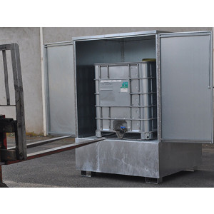 Abri pour IBC - rétention intégrée - En acier galvanisé  - Box avec rétention intégrée | Capacité : 1000 L | Acier galvanisé à chaud | Fermeture 