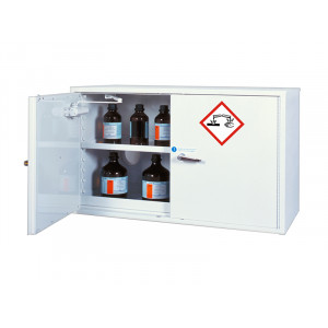 Armoire basse 2 portes pour stockage de produits chimiques - 1 étagère de 11L - 1 bac de rétention de 20L - Volume de stockage conseillé : 75L