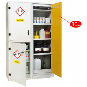 Armoire pour produit chimique - avec module coupe-feu 30 mn - 1 armoire de stockage avec 3 compartiments distincts pour isoler les produits chimiques : bases, acides, inflammables (coupe-feu 30mn)