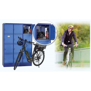Borne de recharge batteries vélos électriques - Utilisation intérieure - 4 casiers - Largeur : 415 mm - Hauteur : 1790 mm - Profondeur : 582 mm
