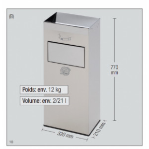 Cendrier poubelle inox brossé - Capacité : 2/21 L - Dimensions : 210 x 320 x 770 mm - Poids : 12 Kg