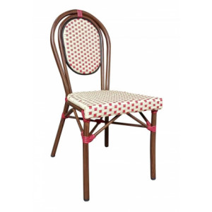 Chaise bistrot crème et rouge - Dimensions : 44 x 56 x 91 cm - Structure  aluminium - Dos et assise imitation rotin synthétique 