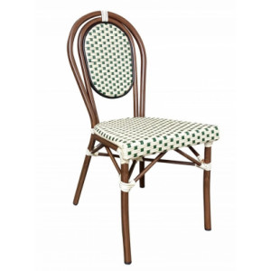 Chaise de terrasse bistrot crème et verte - Dimensions : 44 x 56 x 91 cm - Structure aluminium - Dos et assise imitation rotin synthétique