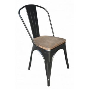 Chaise métallique industrielle empilable  - Hauteur d'assise : 45 cm - Métallique noire mat - assise bois chocolat