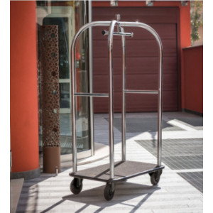 Chariot à bagages pour hôtel - Dimensions plateau : 60 x 97 cm - structure tube Ø 4,5 cm - Métal chromé ou doré