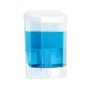 Distributeur de savon ou gel hydroalcoolique  - Capacité 1 L - Manuel - Finition : blanc et réservoir transparent