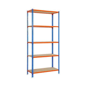 Etagère métallique de stockage léger 5 niveaux  - Capacité : 150 kg par plateau - Dimensions (H x L x P) : 1800 x 900 x 400 mm – Bleu/Orange/Bois