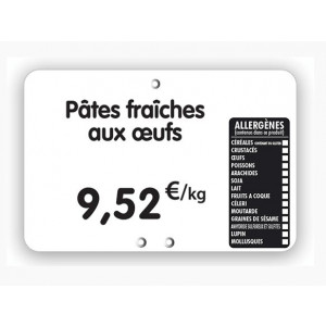 Étiquette pour tous commerces allergènes blanche - Dimensions : 8x6 - 10,5x7 - 12x8 cm - PVC - Pique inox