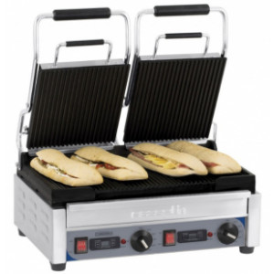 Grill panini double à plaques de cuisson rainurées - 2 thermostats réglables, bac de récupération des graisses