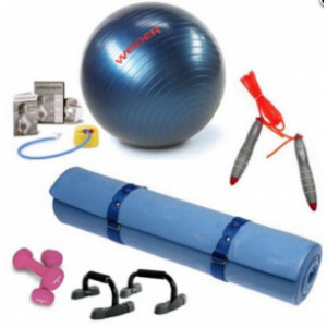 Kit d'entrainement fitness - Matelas aérobic - Haltères - Corde à sauter - Poignées d'appui - Ballon de gym