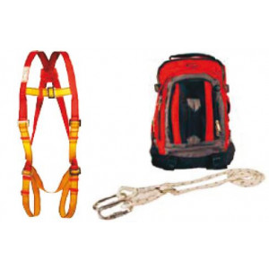 Kit de secours avec harnais à attache frontale - Harnais - cordeau restreint et ajustable avec 2 mousquetons à vis - sac à dos