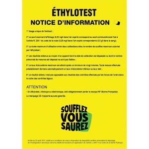 Notice d'utilisation éthylotest - Vendue à l'unité - 21 x 29,7 cm -2 bandes adhésives