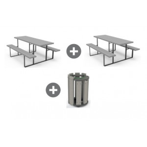 Pack 2 tables pique-nique & corbeille - Dimensions (L. x l. x H.) : 1 800 x 660 x 742 mm - Matériau : Plastique recyclé