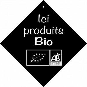 Pancarte à ventouse Ici produits Bio - Format : 16 x 16 cm - PVC expansé noir 3 mm - Livré avec ventouse à crochet