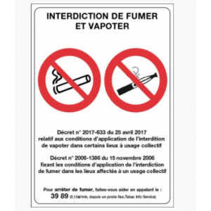Panneau d'affichage « Interdiction de fumer et vapoter » - 15 x 21 ou 21 x 30 cm