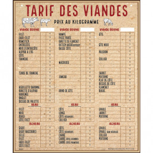 Panneau de Tarif des viandes pour boucherie  - Plexiglass 5 mm - Format : 70x84 ou 70x102 cm - Corde pour suspension
