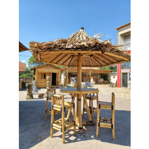 Parasol table haute et tabourets en bambou - Hauteur totale sol/pointe du parasol : 310 cm