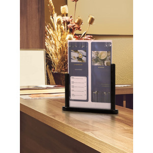 Porte-affiche de table en bois noir - Format : A6 - A5 ou A4 - Dimensions : 17,4 x 15,7 x 5 cm