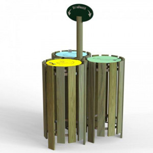 Poubelle ronde tri sélectif en bois - Hauteur 900 mm - Contenance : 100 L - 2 ou 3 corbeilles