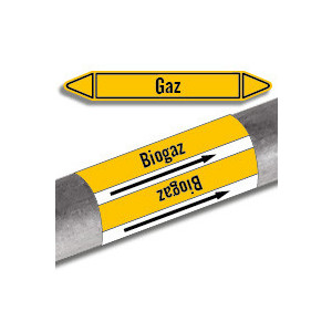 Rouleau adhésif de marqueurs de tuyauterie jaunes - gaz - Rouleau de marqueurs de tuyauterie pour gaz, différentes tailles de marqueurs possibles, avec ou sans pictogramme(s) CLP, en prédécoupés ou en continu.