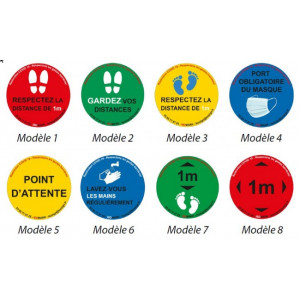 Stickers distances COVID - 3 diamètres - 8 messages - 4 couleurs - lots de 5