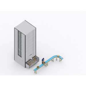 Système de stockage vertical - Rangement compact dans des plateaux métalliques qui descendent jusqu'au poste de travail
