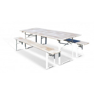 Table banc brasserie blanc vieilli  - En pin massif, épaisseur 28 mm - Longueur : 220 cm - Pliable, empilable