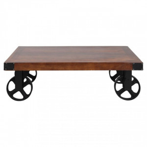 Table basse de style industriel sur roues - Table basse de style industriel de type « wagon » avec roues en fer forgé