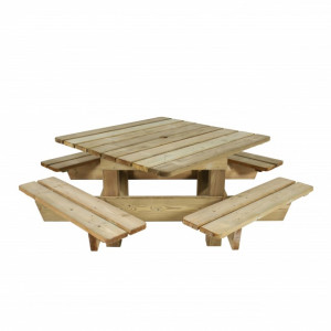 Table de pique-nique en plein air en pin - Dim : 200 x 200 x 75 cm - Lames 145 x 35 mm - Plateau 126 x 126 cm