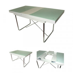 Table design en verre sablé sur support en bois - Système de fermeture par 4 loquets