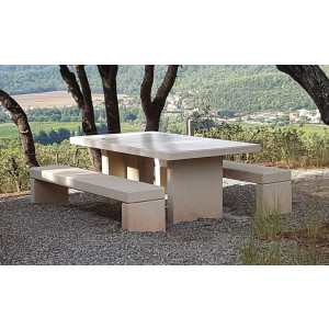 Table pique nique béton 2 bancs - Entièrement en béton blanc - Dimension du plateau : 1.10m x 2m