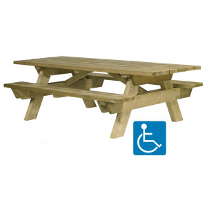 Table pique nique bois PMR - Longueur plateau : 2300 mm - Hauteur d'assise : 450 mm - Pin du Nord traité autoclave - à poser ou à sceller
