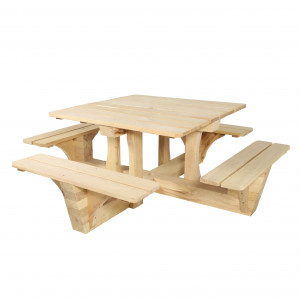 Table pique-nique pin traité - Dim : L.213 x 213 x H.75 cm - Lames 145 x 35 mm - Plateau 126 x 126 cm