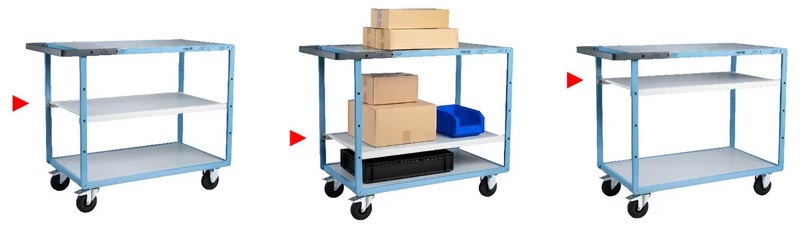 <b>Configuration du plateau intermédiaire (ne concerne que les modèles à 3 plateaux) : </b> <br> • Ajustement possible du plateau intermédiaire sur 3 niveaux différents, au pas de 175 mm.