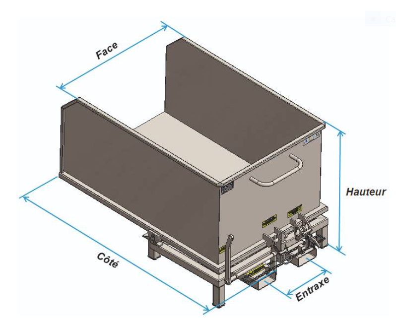 Benne basculante à face avant ouverte - Volume : 1000 à 2000 L - Charge sur pieds : 1500 kg - Épaisseur du fond : 3 mm - 14362707-113156431.PNG