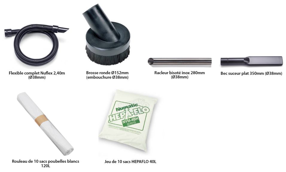 - Flexible ø38mm longueur 2,4m<br>- Racleur biseauté inox longueur 280mm<br>- Bec suceur plat longueur 350mm<br>- Brosse ronde ø152mm 38mm<br>- Jeu de 10 filtres hepaflo 40 L<br>- Rouleau de 10 sacs 120 L