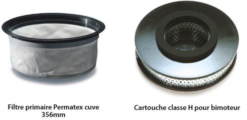 - Filtre primaire tritex cuve 305mm (hz390s) <br>- Cartouche filtrante hepa h13 (en1822) (hz390s) <br>- Filtre primaire permatex cuve ø356mm (hzd900) <br>- Cartouche classe H pour bimoteur (hzd900)