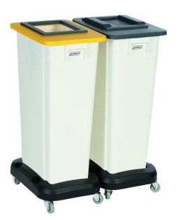 2 collecteurs de tri 80 L blanc<br> 2 couvercles de cadre<br> 1 insert rectangulaire<br> 1 insert à clapets <br> 2 support roulettes 