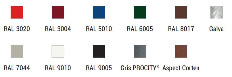 Structure et bardages tôles : peint sur galva selon nos coloris<br>Grillage : galva ou peint sur galva