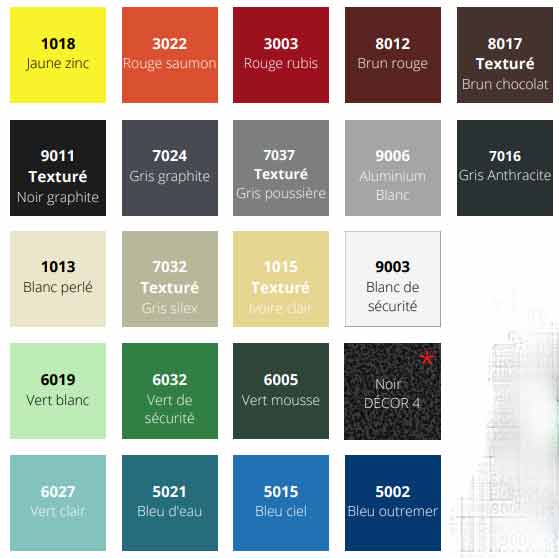 Nuancier RAL (A préciser lors de la commande)<br>Définissez les couleurs du cadre, du coffre et des portillons