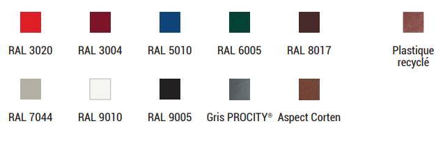 Structure : acier peint sur zinc selon nos coloris<br>Lame en plastique recyclé* marron