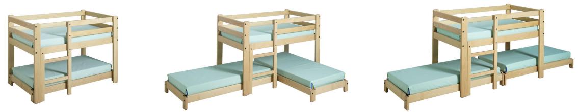 - Les lits surélevés peuvent être mis en configuration avec les couchettes bois empilables