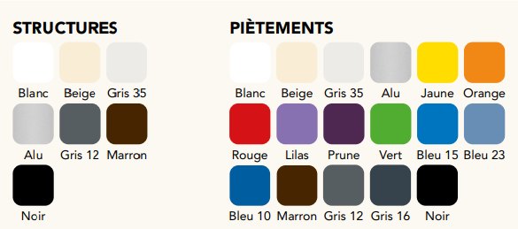 Couleurs standards cadre et pieds : Blanc (RAL 9016) / Noir (RAL  9005) / Gris 12 et 35 (RAL 7035/7012)<br>Autres couleurs sur demande