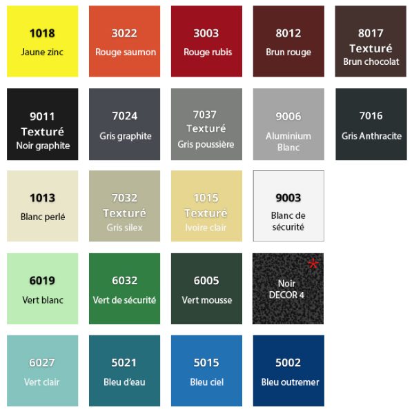 Nuancier RAL (A préciser lors de la commande)<br>Définissez les couleurs du cadre, du coffre et des portillons 