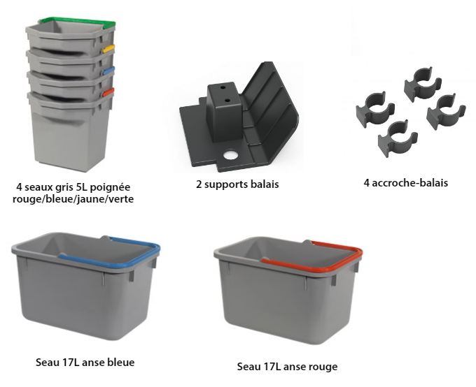 - 4 seaux gris 5L poignée rouge/bleue/jaune/verte<br>- 2 supports balais<br>- 4 accroche-balais<br>- Seau 17L anse rouge<br>- Seau 17L anse bleue