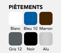 Couleurs standards pieds : Alu (RAL 9006) / Noir (RAL  9005) / Gris foncé 12 (RAL 7012)<br>Autres couleurs sur demande
