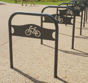 Arceau de stationnement vélo en acier - H.850 mm x L.750 mm - ? 48,3 mm - Fixation par scellement ou sur platines - Avec plaque signalétique