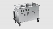 Chariot bain marie chaud 3 cuves poignés sur le coté