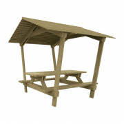Table pique-nique avec toit en bois - Standard ou PMR - L.2000 mm – Plateau : 2 x 870 mm – Assise : 450 mm - Hauteur passage sous toit : 1900 mm – A sceller